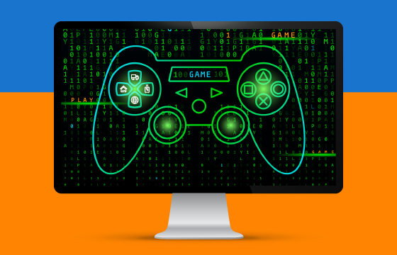 blue and orange background with video game controller