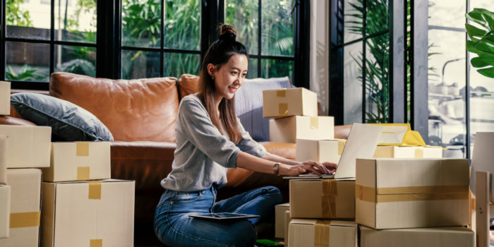 Shopping online with laptop at home.