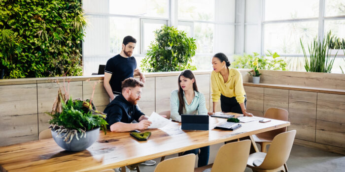 A group of people gathered around a desk for a business meeting in a modern, stylish and green office space.
