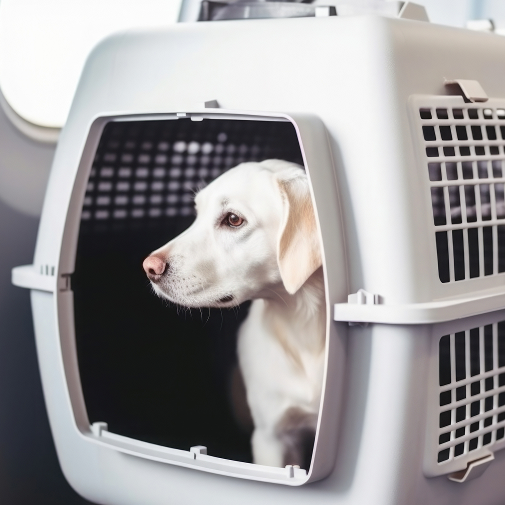 A medium sized dog in a crate