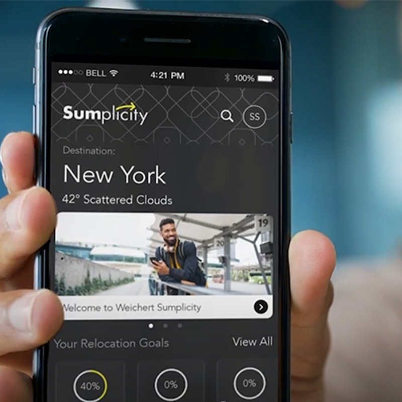 Sumplicity app opened on a smartphone. User sees their destination name and weather, a welcome message, and their relocation goals as completion percentages