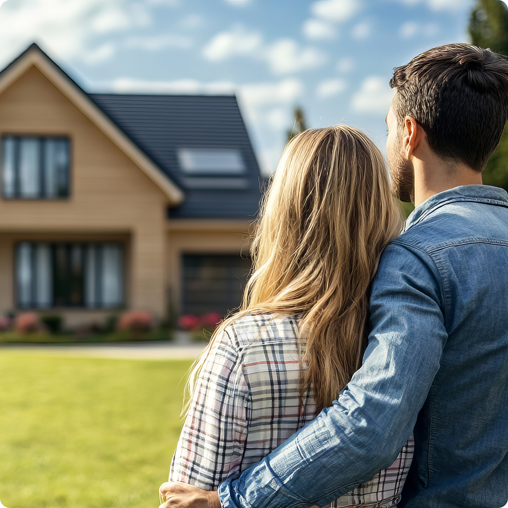 A couple standing outside facing a home on a sunny day