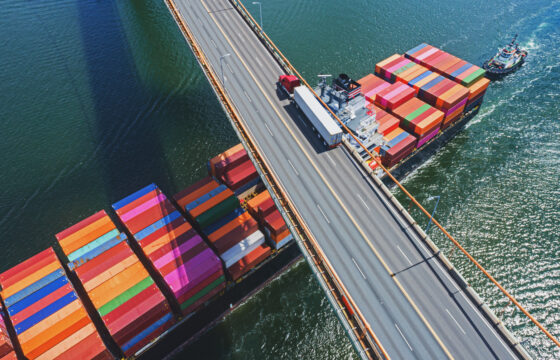 Aerial view of container ship crossing under bridge
