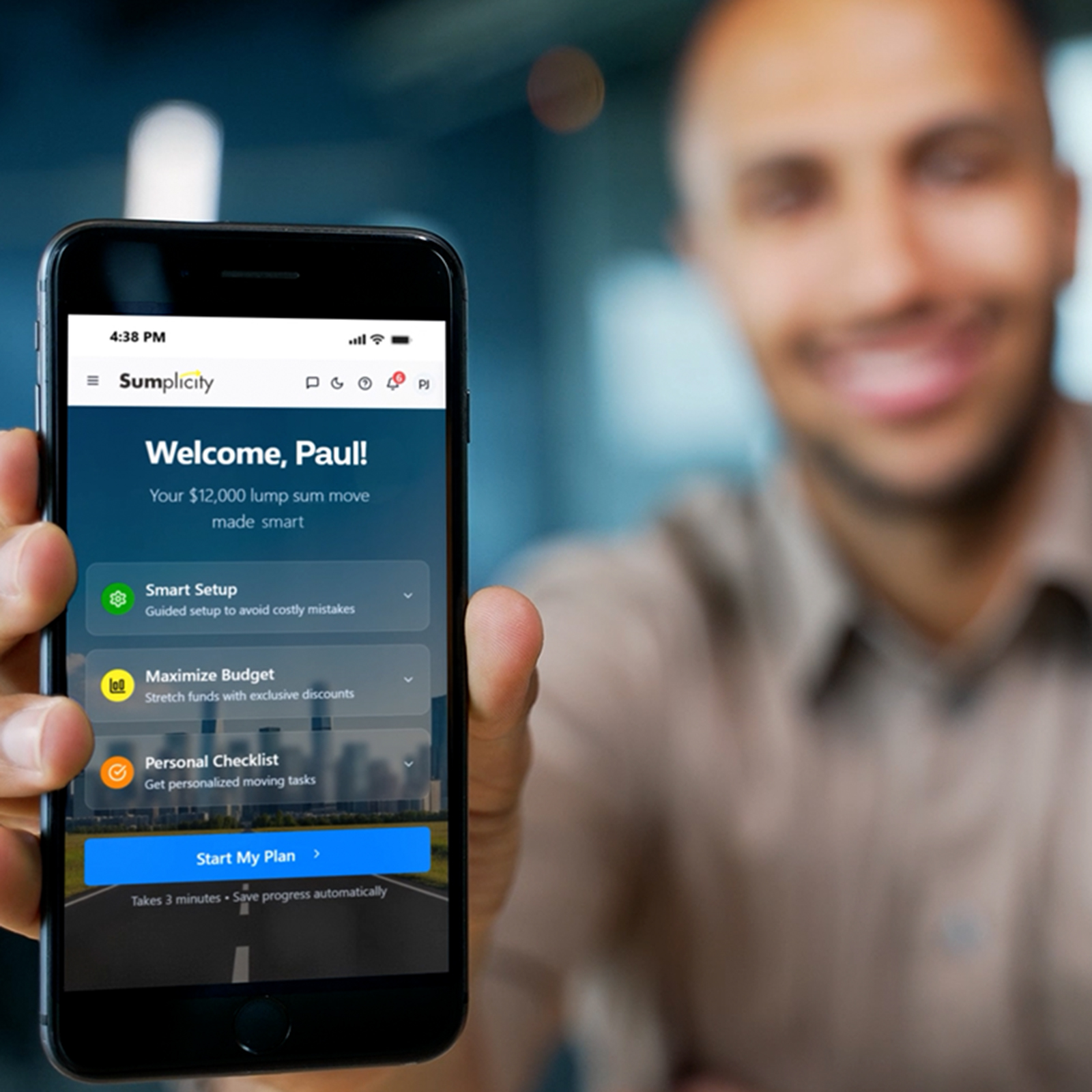 Sumplicity Lump Sum Relocation App | Weichert Workforce Mobility Employee using the Sumplicity lump sum relocation app on a smartphone to manage relocation budgets, moving tasks, and personalized move planning.